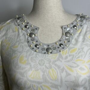 Ruby Rd. Top Large Floral 3/4 Sleeve Embellished Vacation White Grey Yellow Top
